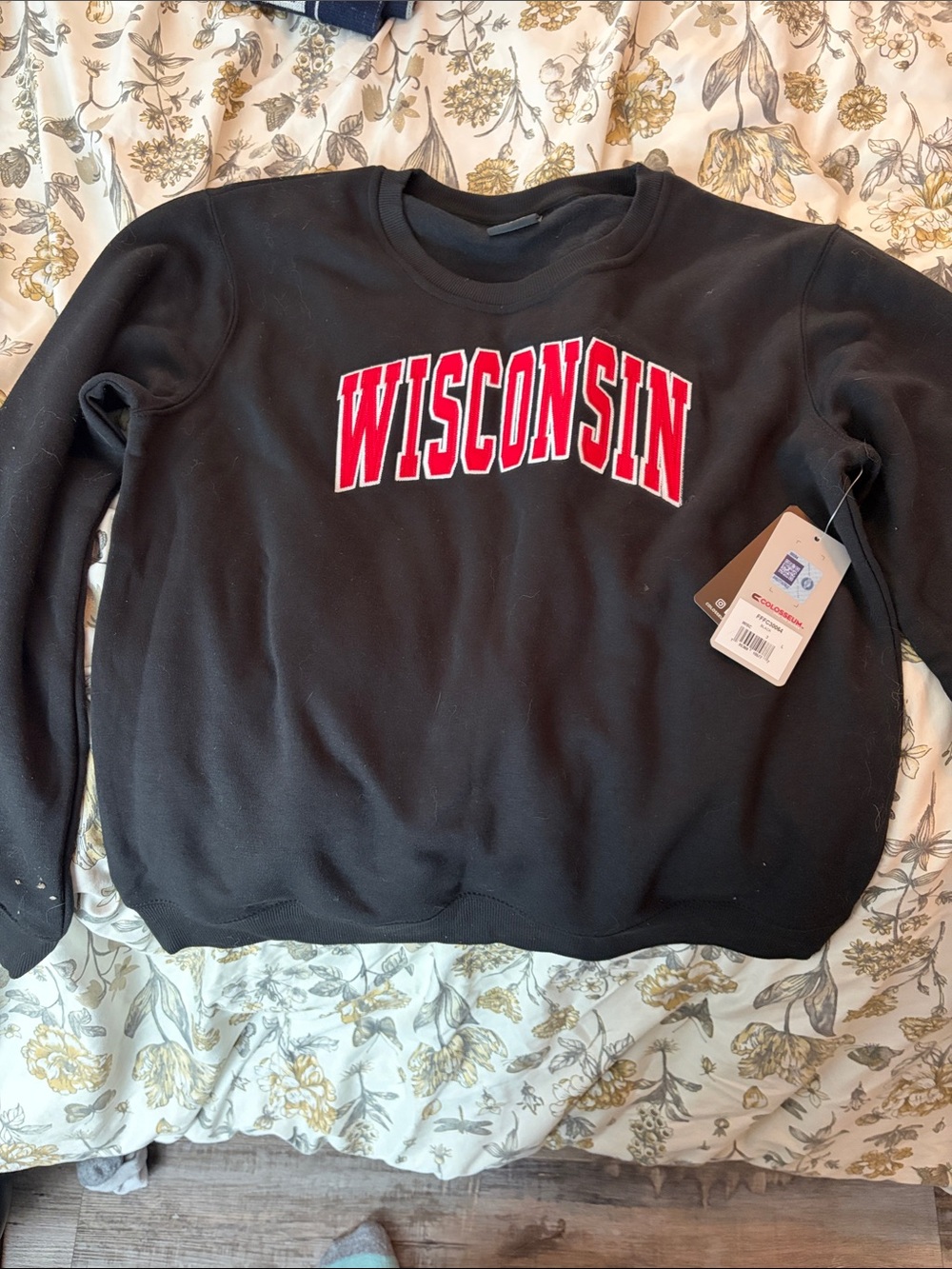 Colosseum Black Crewneck Sweatshirt with Red Wisconsin Lettering